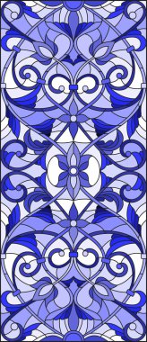 İllüstrasyon soyut swirls, vitray tarzında çiçekler ve hafif bir arka plan üzerinde dikey yönlendirme gama mavi yaprakları