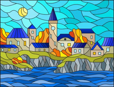 Gündüz gökyüzü ve güneşin arka planında nehir ve şehir ile boyalı cam tarzında bir resim