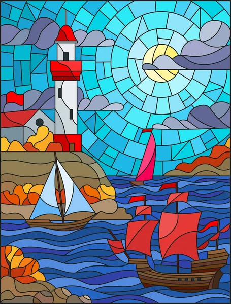 Illustration Glasmalerei Stil Mit Meerblick Drei Schiffen Und Einem Ufer — Stockvektor