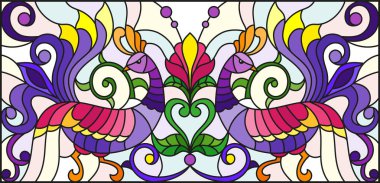 Vitray tarzı soyut kuşlar ve çiçekler bir açık renkli, ayna, yatay görüntü illüstrasyon