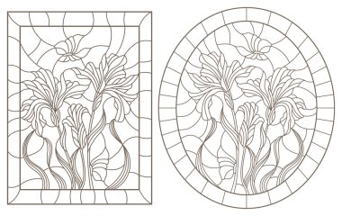 Vitray Windows süsen ve çerçeveler, beyaz bir arka plan üzerinde koyu konturlar, oval ve dikdörtgen görüntü kelebekler ile kontur çizimleri bir dizi