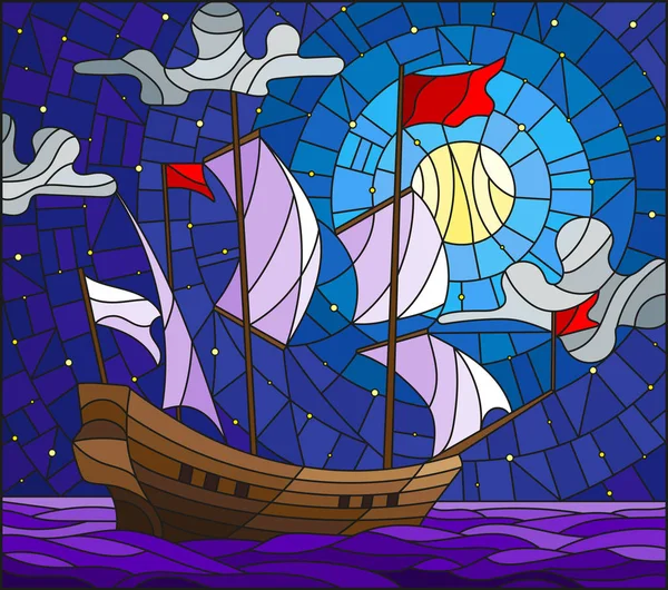 Ilustración Estilo Vitral Con Viejo Barco Navegando Con Velas Blancas — Archivo Imágenes Vectoriales