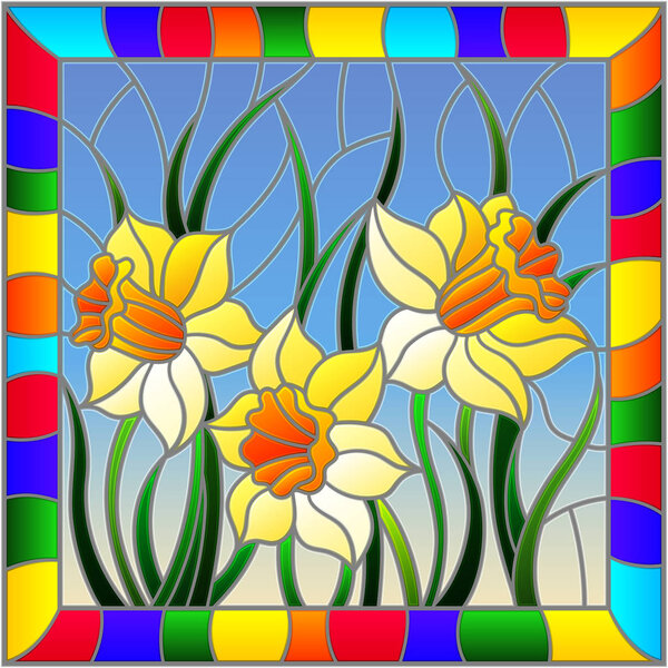 Illustration in stained glass style with yellow daffodils on blue background in bright frame, rectangular image