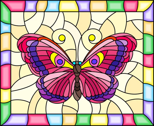 Ilustração Estilo Vitral Com Borboleta Rosa Brilhante Fundo Amarelo Uma —  Vetores de Stock