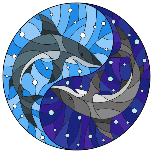 Ilustración Estilo Vitral Con Dos Tiburones Sobre Fondo Burbujas Agua — Vector de stock