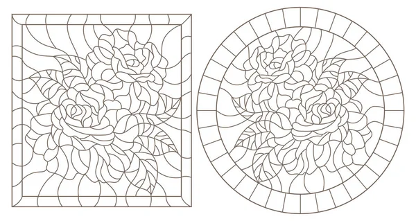 Set Ilustrații Contur Vitralii Rozeturi Rame Contururi Întunecate Fundal Alb — Vector de stoc