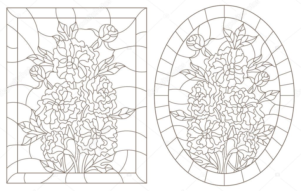A set of contour illustrations of stained glass Windows with peonies in frames, dark contours on a white background, oval and rectangular image