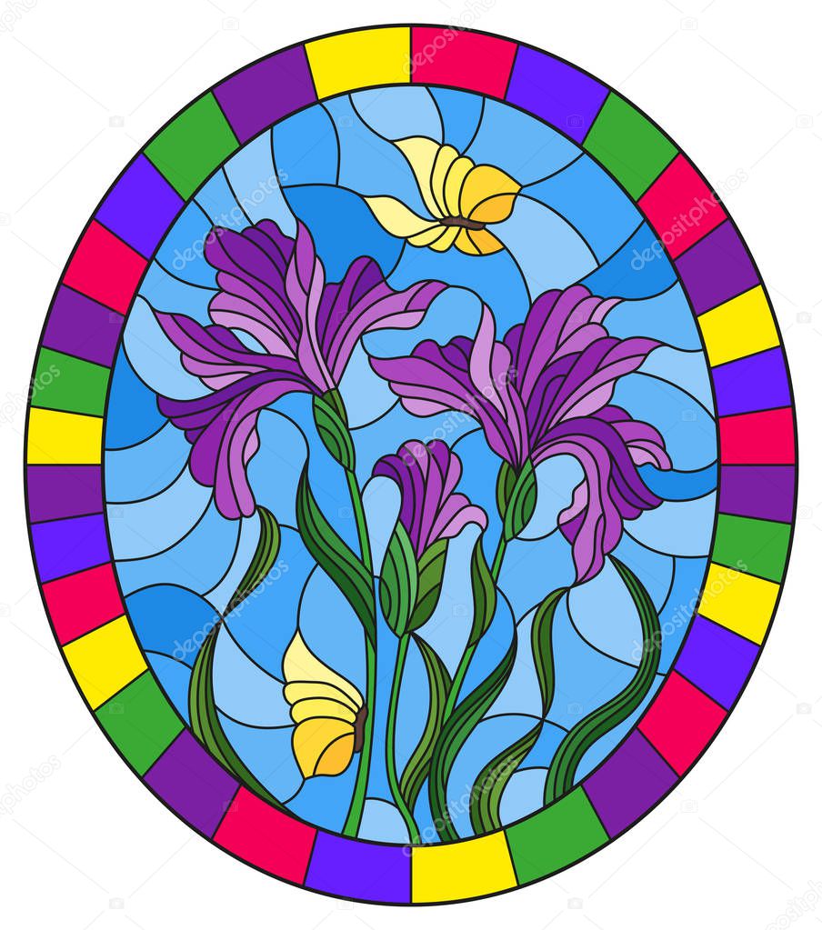 Illustration in stained glass style flower of purple irises and butterflies on a blue background in a bright frame,oval  image