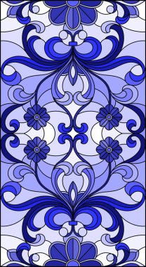 İllüstrasyon soyut swirls, vitray tarzında çiçekler ve hafif bir arka plan üzerinde dikey yönlendirme gama mavi yaprakları