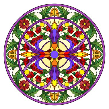 Renkli cam tarzında resim, çiçek süsleri ve girdaplı yuvarlak ayna görüntüsü, sarı arkaplanda parlak çiçekler.