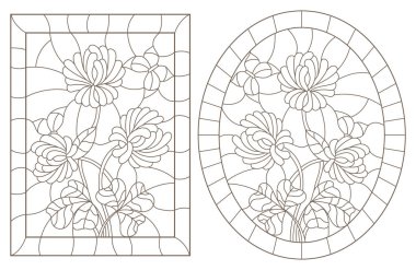 Yonca ve çerçeveler, beyaz bir arka plan üzerinde koyu konturlar, oval ve dikdörtgen görüntü kelebekler ile Windows vitray kontur çizimleri bir dizi