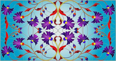 Vitray stil mavi arka plan, yatay yönlendirme üzerinde soyut mavi çiçekli resimde