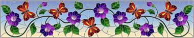 Illustration in stained glass style with abstract curly purple flower and an red  butterfly on blue background , horizontal image clipart