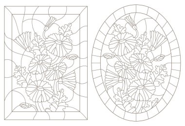 Vitray Windows daisys çerçeveler, beyaz bir arka plan üzerinde koyu konturlar, oval ve dikdörtgen görüntü ile kontur çizimleri bir dizi