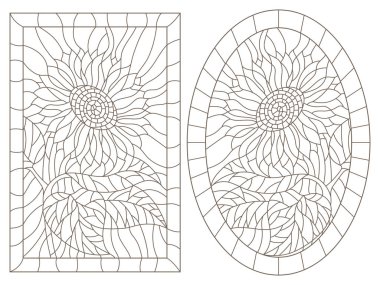 Vitray Windows ayçiçeği çerçeve, beyaz bir arka plan üzerinde koyu konturlar, oval ve dikdörtgen görüntü ile kontur çizimleri bir dizi