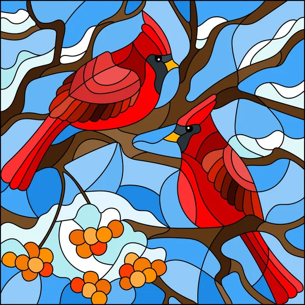 Ilustración Estilo Vidriera Par Pájaros Cardenales Sentados Una Rama Ceniza — Vector de stock