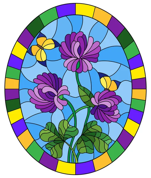 紫色のクローバーやブライト フレーム 楕円形の画像の青色の背景に蝶のステンド グラス スタイルの花のイラスト — ストックベクタ