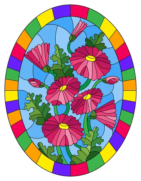 Illustration Glasmalereistil Mit Einem Strauß Rosa Gänseblümchen Auf Blauem Hintergrund — Stockvektor