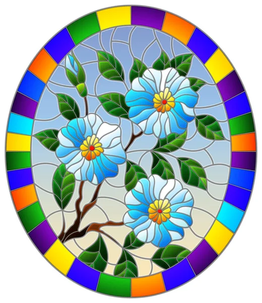 Ilustrace Vitráže Stylu Pobočkou Kvetoucí Rostliny Modrými Květy Pozadí Oblohy — Stockový vektor
