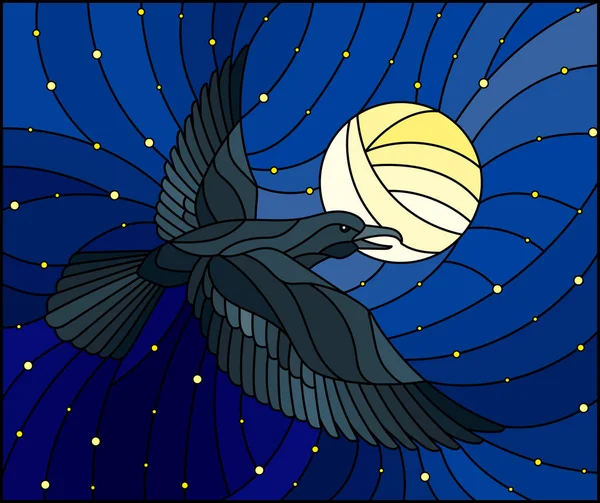 Ilustrace Vitráže Stylu Raven Pozadí Hvězdné Oblohy Měsíc — Stockový vektor