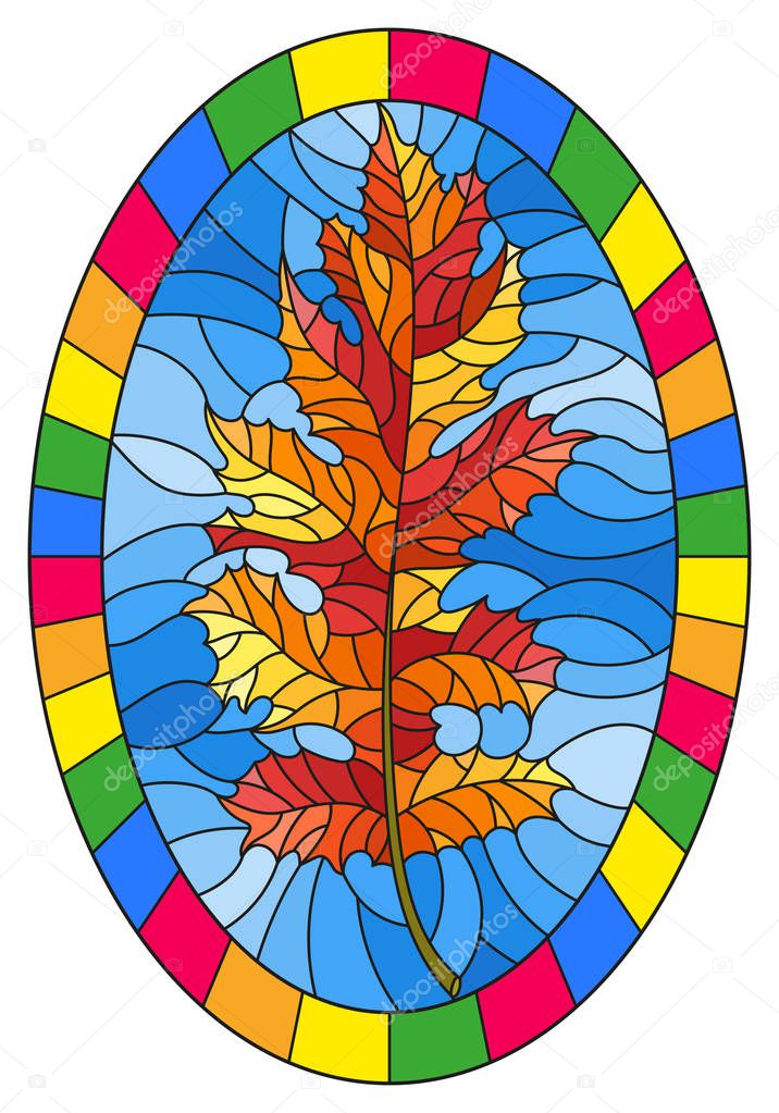 Illustration in stained glass style with a autumn  leaf on a blue background,oval image in a bright frame
