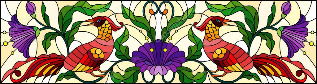 Illustration in stained glass style with abstract red birds and purple flowers on a light background , mirror, horizontal image