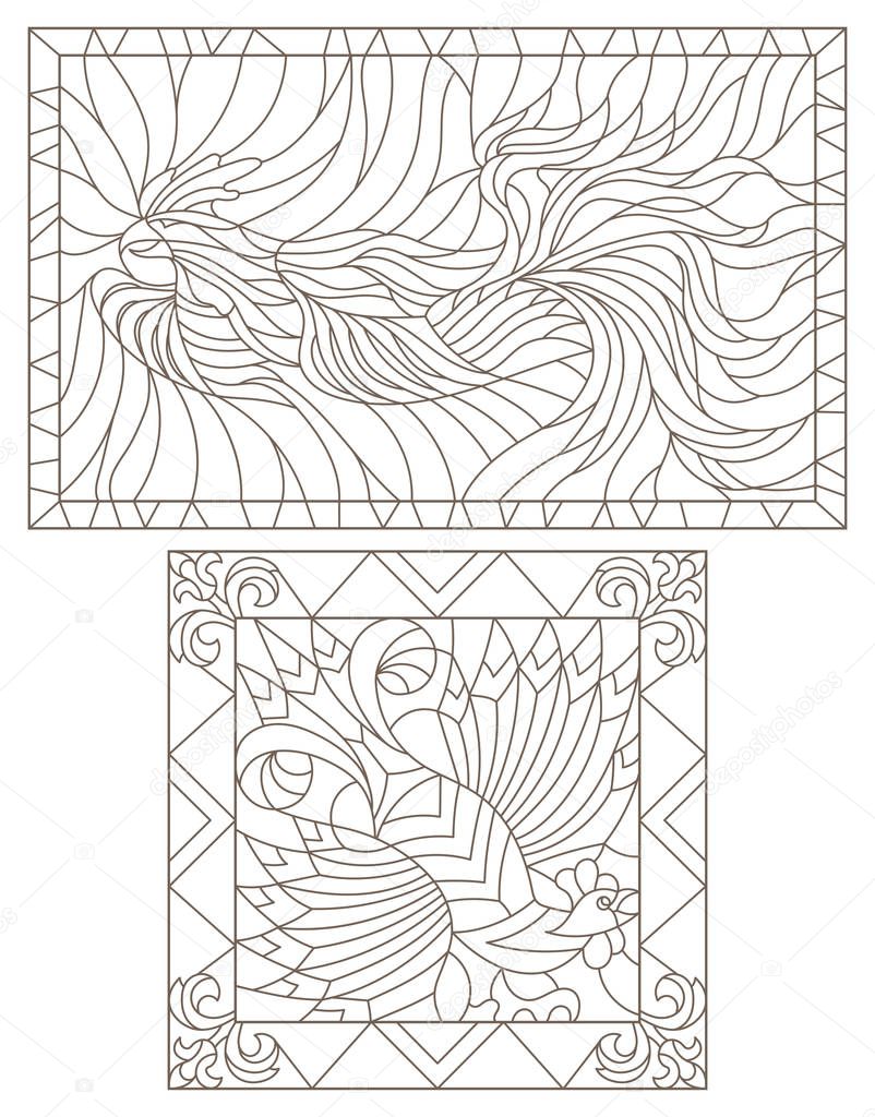 a set of contour illustrations of stained glass Windows with roosters, rectangular images in frames, dark contours on a white background