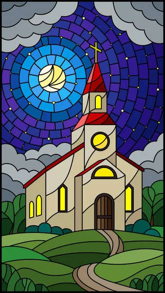 Ilustración Estilo Vidriera Con Iglesia Fondo Del Paisaje Nocturno Una — Archivo Imágenes Vectoriales