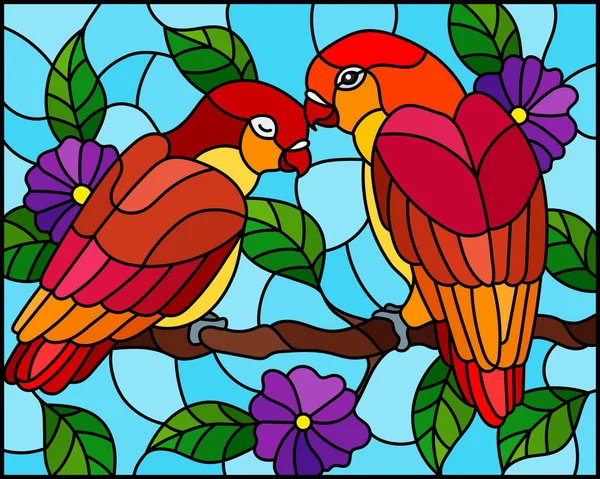 Illustration Vitrail Avec Une Paire Oiseaux Rouges Perroquets Sur Arbre — Image vectorielle