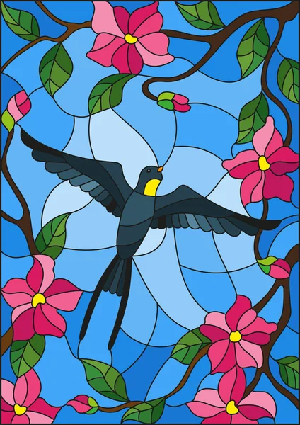 在天空 绿叶和粉红色的花朵的背景下 有燕子的彩色玻璃风格插图 — 图库矢量图片