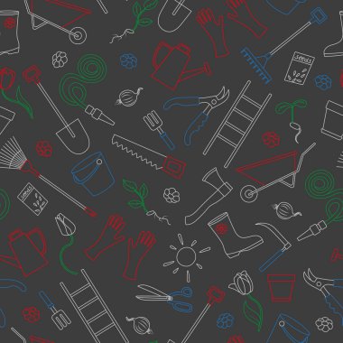 Ekim ve hasat, karanlık okul panosunda basit renkli tebeşirler büyüyen bahçe temalı seamless modeli