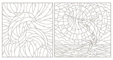 Balık, yunuslar ve balık kılıç, beyaz zemin üzerine koyu konturlar ile Windows vitray kontur resimler ayarla