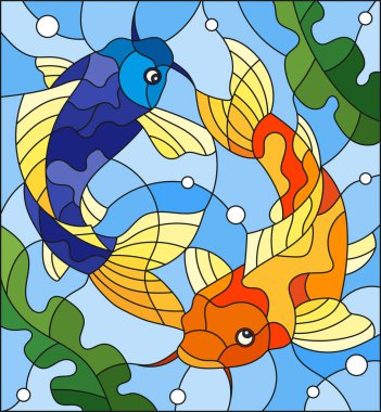 Su ve yosun vitray tarzı carps arka planda bir çift ile çizimi