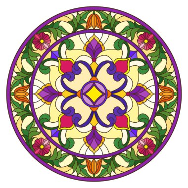 Renkli cam tarzında resim, çiçek süsleri ve girdaplı yuvarlak ayna görüntüsü, sarı arkaplanda parlak çiçekler.