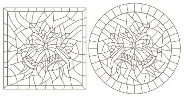 Yılbaşı ve Yeniyıl, çan, Holly dalları ve çerçeve içinde şeritler, yuvarlak ve kare görüntü için kontur resimler-vitray tarzı dizi