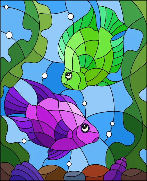 Ilustración Estilo Vitral Con Par Peces Loro Princesa Sobre Fondo — Vector de stock