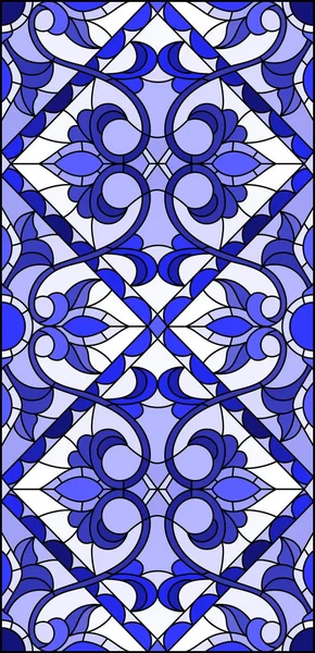 图中彩色玻璃风格与抽象的漩涡 花和叶在明亮的背景下 垂直方向伽玛蓝色 — 图库矢量图片