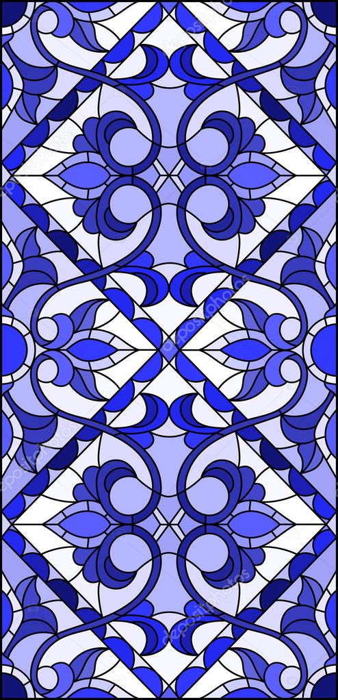 Illustration in stained glass style with abstract  swirls,flowers and leaves  on a light background,vertical orientation gamma blue