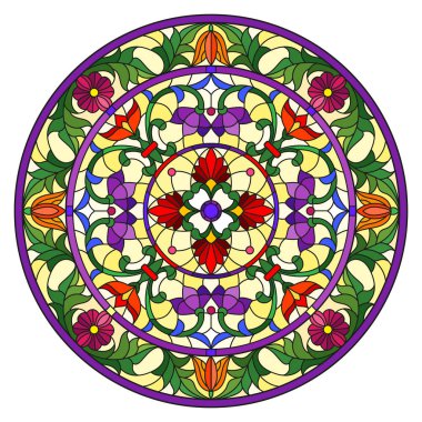 Renkli cam tarzında resim, çiçek süsleri ve girdaplı yuvarlak ayna görüntüsü, sarı arkaplanda parlak çiçekler.