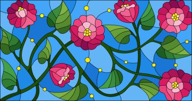 Pembe çiçekler ve yapraklar üzerinde mavi arka plan illüstrasyon soyut vitray tarzında iç içe