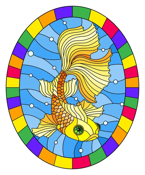 Иллюстрация Витражном Стиле Яркими Золотыми Рыбками Фоне Пузырьков Воды Воздуха — стоковый вектор
