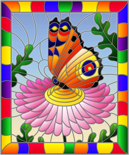 在彩色玻璃风格的插图与明亮的橙色蝴蝶在粉红色的花朵 矩形图像在明亮的框架 — 图库矢量图片