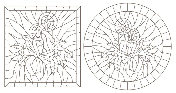 Ensemble Illustrations Contour Style Vitrail Pour Nouvel Noël Bougies Branches — Image vectorielle