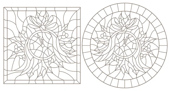 Conjunto Ilustrações Contorno Estilo Vitral Para Ano Novo Natal Relógio — Vetor de Stock