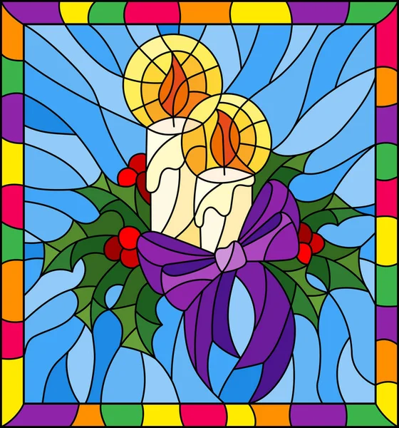 Ilustración Estilo Vitral Para Año Nuevo Navidad Velas Ramas Holly — Archivo Imágenes Vectoriales