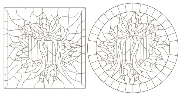 Uppsättning Kontur Illustrationer Målat Glas Stil För Nyår Och Jul — Stock vektor