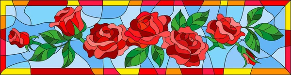 Illustration Vitrail Avec Des Roses Rouges Abstraites Des Feuilles Sur — Image vectorielle