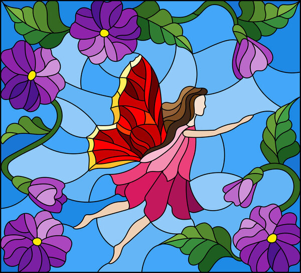 Illustration in stained glass style with a winged fairy in the sky, purple flowers and greenery