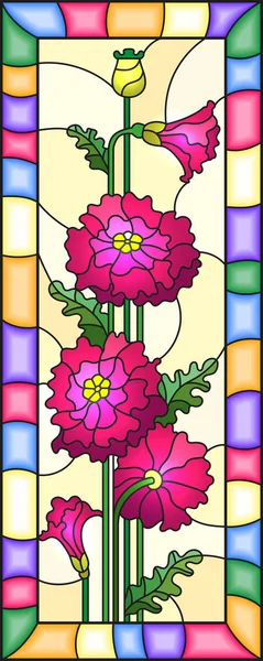 Illustration Stained Glass Style Bouquet Pink Poppies Blue Background Bright — Stock Vector