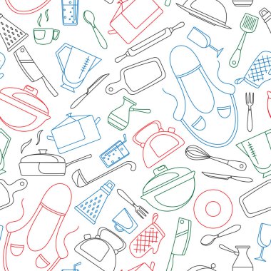 Beyaz arka plan üzerinde renkli işaretleri ile Seamless modeli yemek ve mutfak gereçleri, basit kontür simgeler, konulu boyalı